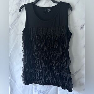 NEW DIRECTIONS - BLACK RUFFLE SEQUIN SLEEVELESS BLOUSE TOP WOMENS LARGE